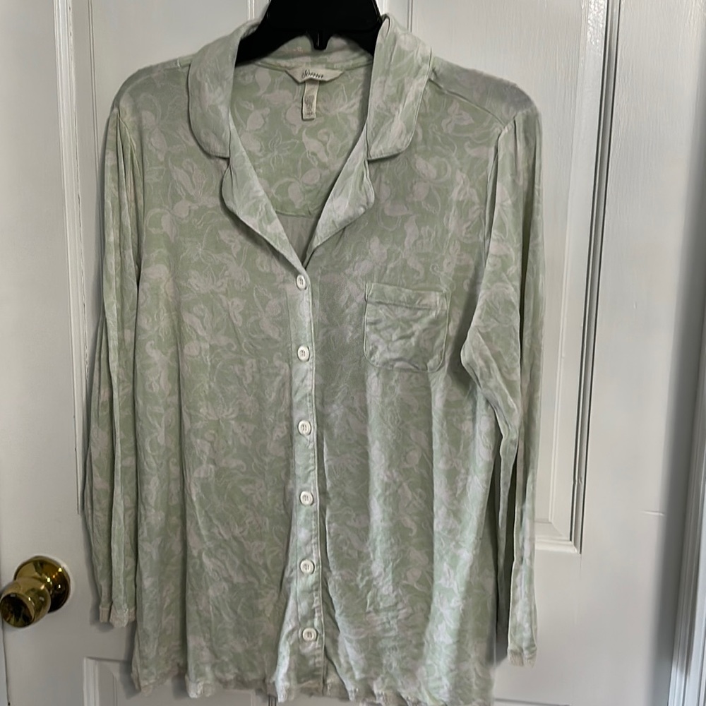 Soma long sleeve pajama top shirt green floral print lace trim Sz large